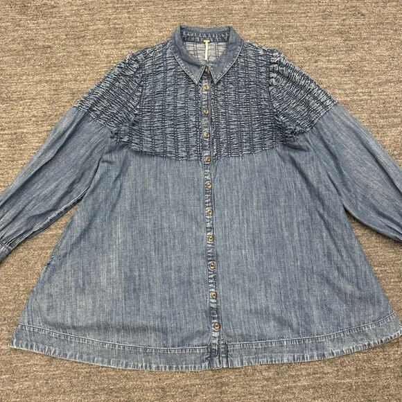 Free People Find Me Now Dress Women Large Pockets Mini Denim Smocked Long Sleeve - Picture 1 of 12